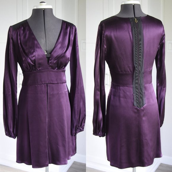 Plum Dress w/Black Trim 100% Silk ‘Laundry by Design’ Long Sleeve XS